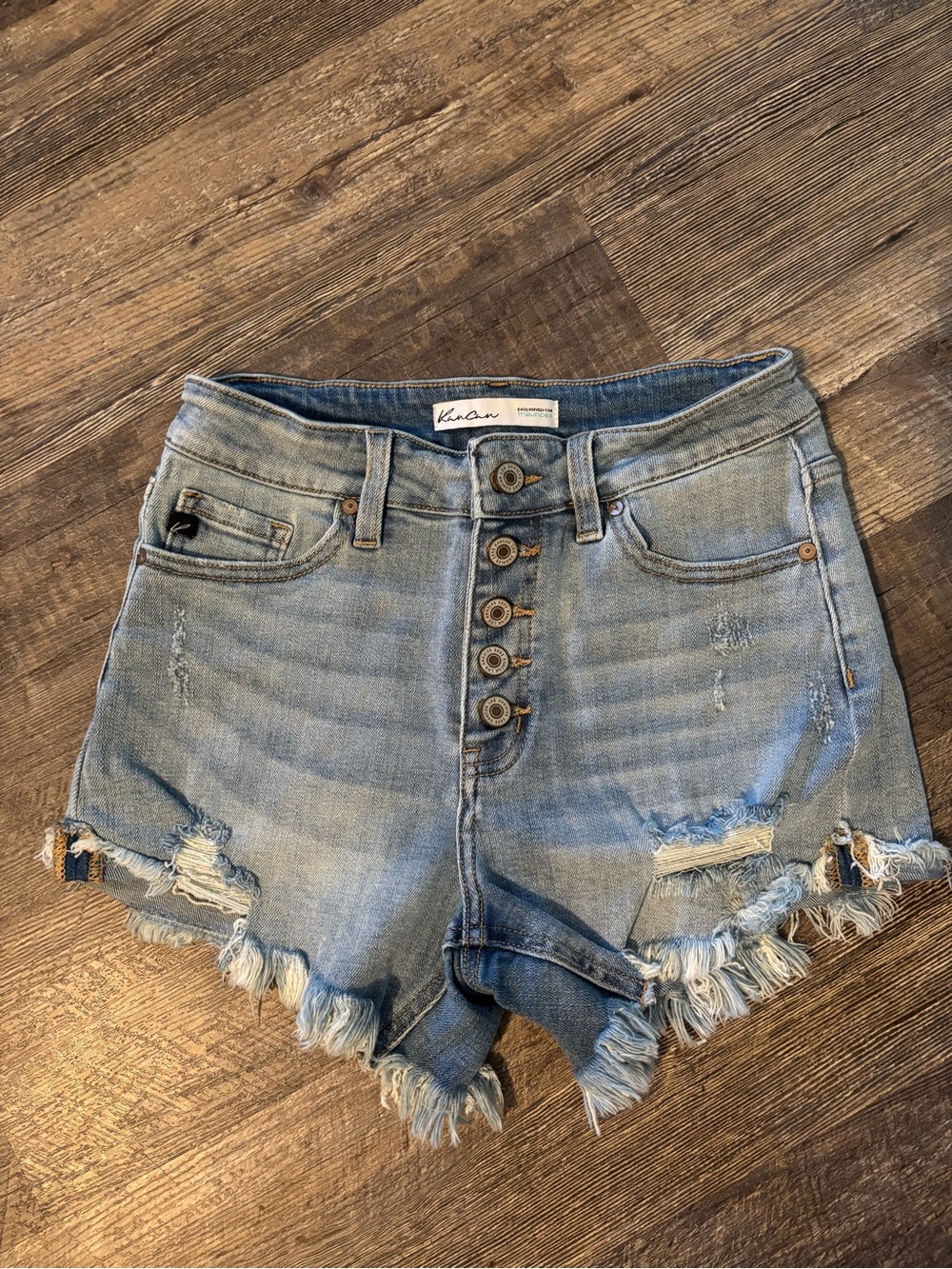 KanCan Light Blue Distressed Button-Fly Denim Shorts
